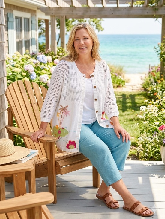 Christopher & Banks Sweaters - Women’s C.J. Banks White Coastal Hand Embroided Hawaiian Flower Cardigan Size 3X